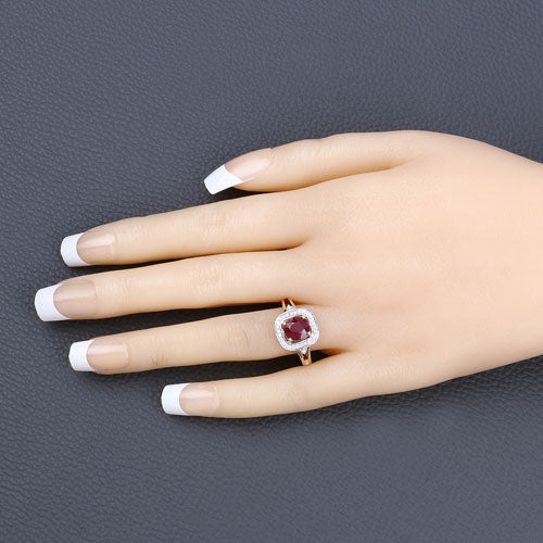 1.67 Carat Ruby and Diamond Halo Ring in 14K Yellow Gold