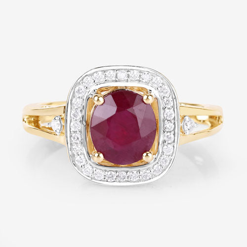 1.67 Carat Ruby and Diamond Halo Ring in 14K Yellow Gold
