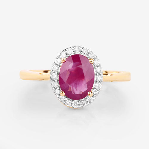 Bague en or jaune 14K avec rubis véritable de 1,83 carat et diamants blancs