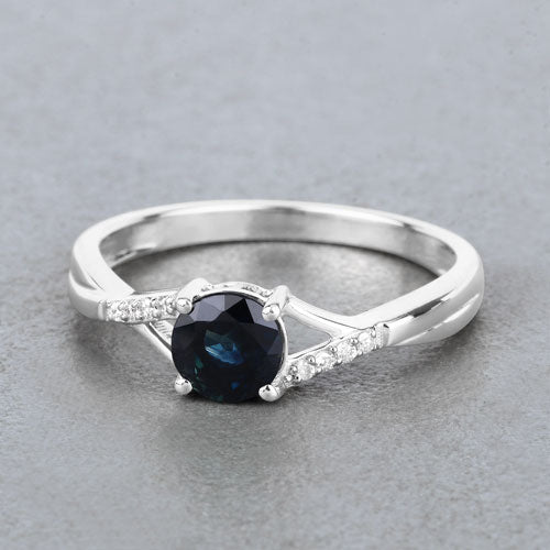 0.88 Carat Blue Sapphire and Diamond 14K White Gold Engagement Ring