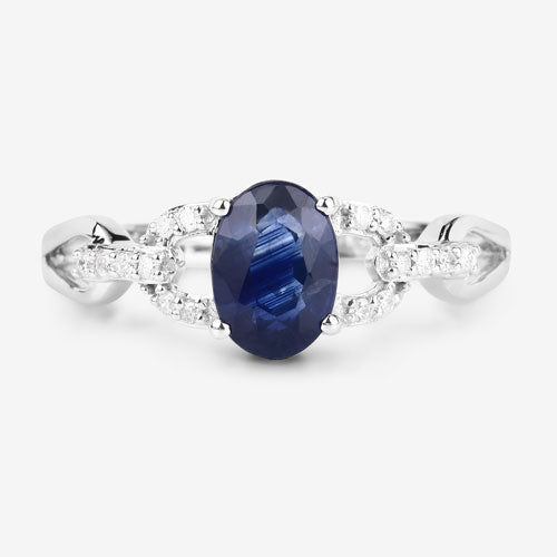 Bague de fiançailles en saphir bleu et diamant de 1,12 carat en or blanc 14K