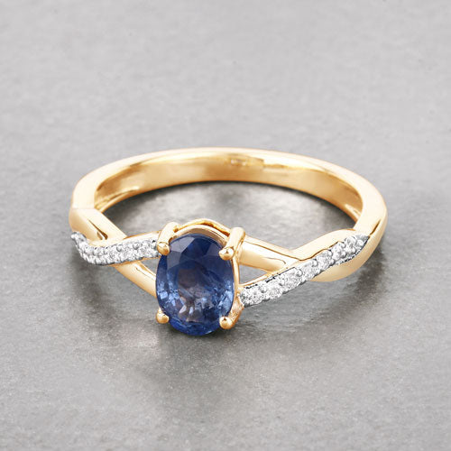 Bague de fiançailles en saphir bleu et diamant de 1,04 carat en or jaune 14K
