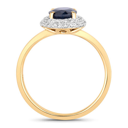 Bague Halo en Saphir Bleu et Diamants de 1,84 Carat en Or Jaune 14K