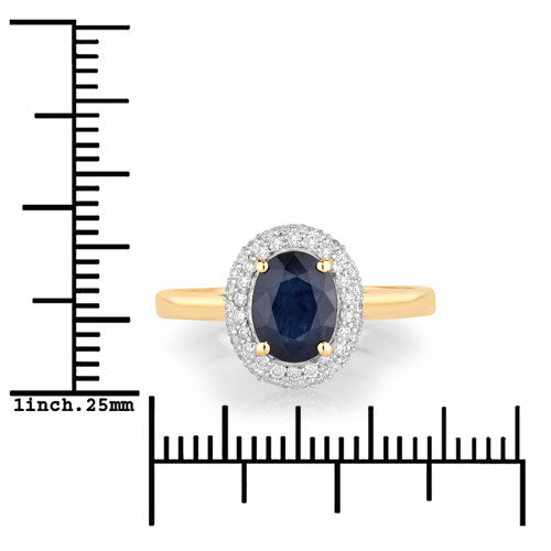 Bague Halo en Saphir Bleu et Diamants de 1,84 Carat en Or Jaune 14K