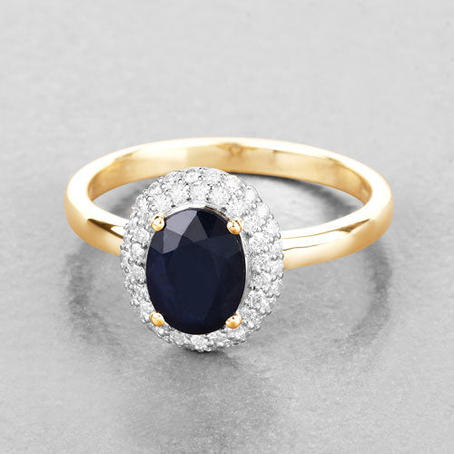 Bague Halo en Saphir Bleu et Diamants de 1,84 Carat en Or Jaune 14K