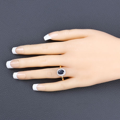 Bague Halo en Saphir Bleu et Diamants de 1,84 Carat en Or Jaune 14K