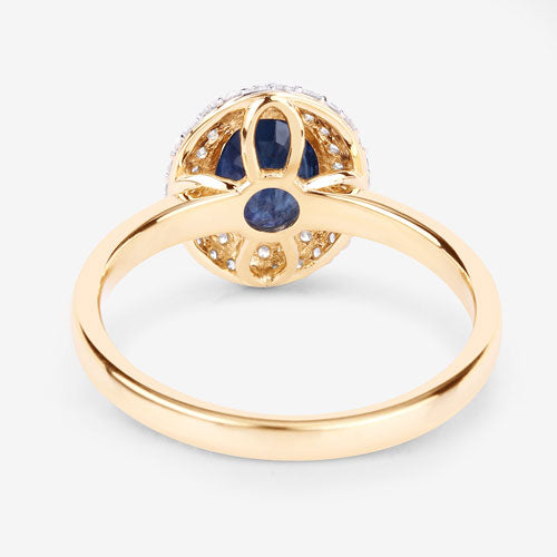 Bague Halo en Saphir Bleu et Diamants de 1,84 Carat en Or Jaune 14K