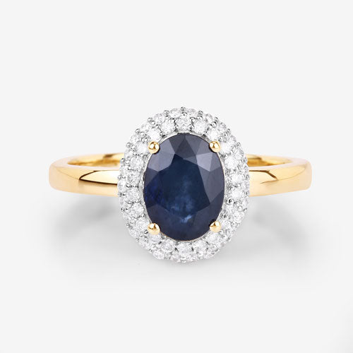 Bague Halo en Saphir Bleu et Diamants de 1,84 Carat en Or Jaune 14K
