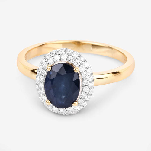 Bague Halo en Saphir Bleu et Diamants de 1,84 Carat en Or Jaune 14K