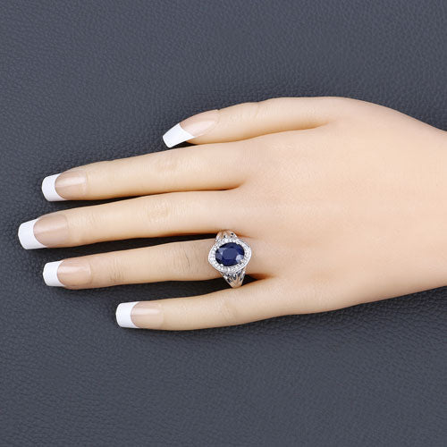 Anillo de Compromiso de Zafiro Azul y Diamante de 3.31 Quilates en Oro Blanco de 14K