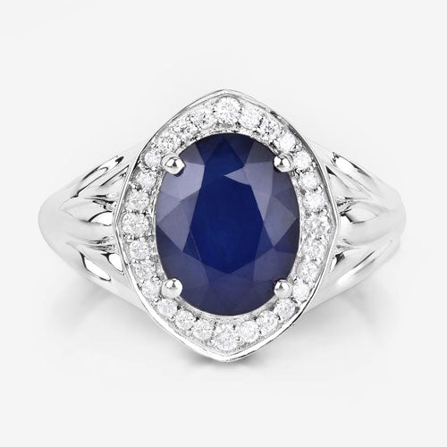 Anillo de Compromiso de Zafiro Azul y Diamante de 3.31 Quilates en Oro Blanco de 14K