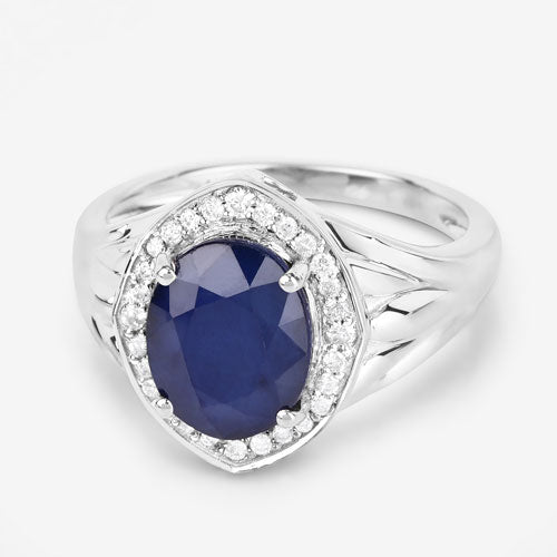Anillo de Compromiso de Zafiro Azul y Diamante de 3.31 Quilates en Oro Blanco de 14K
