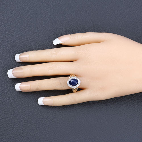 3.31 Carat Blue Sapphire and Diamond 14K Yellow Gold Engagement Ring