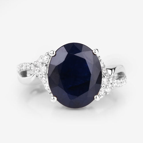 6.54 Carat Blue Sapphire & Diamond 14K White Gold Engagement Ring