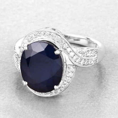 Bague de fiançailles en or blanc 14K avec saphir bleu de 6,52 carats et diamants