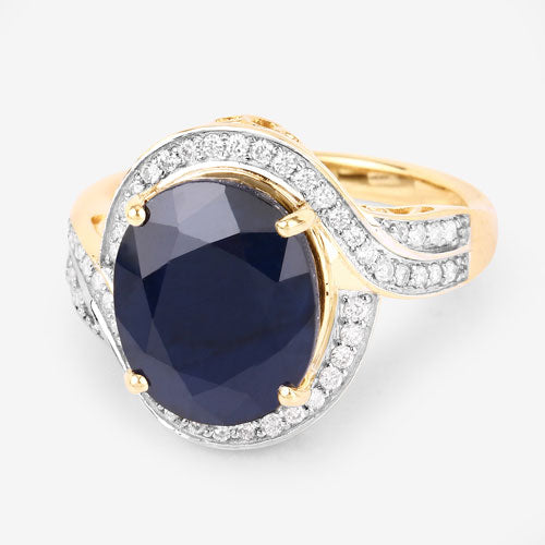 6.52 Carat Blue Sapphire & Diamond 14K Yellow Gold Engagement Ring