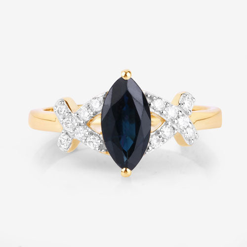 Anillo de Compromiso de Zafiro Azul y Diamante de 1.50 Quilates en Oro Amarillo de 14K