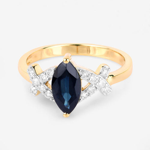 Anillo de Compromiso de Zafiro Azul y Diamante de 1.50 Quilates en Oro Amarillo de 14K