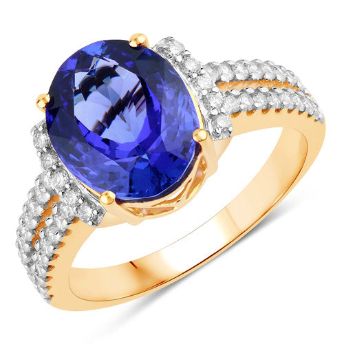 Bague en or jaune 14K avec tanzanite véritable de 4,20 carats et diamants blancs