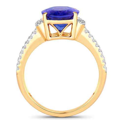 Bague en or jaune 14K avec tanzanite véritable de 4,20 carats et diamants blancs