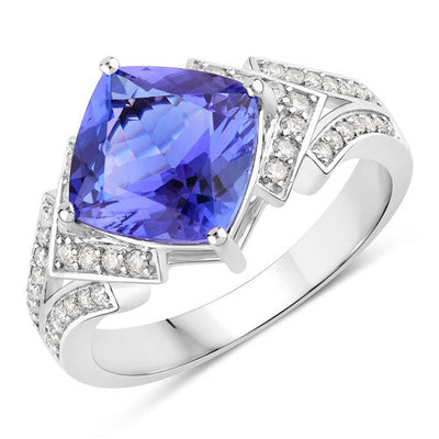 3.43 Carat Genuine Tanzanite and Diamond 14K White Gold Ring