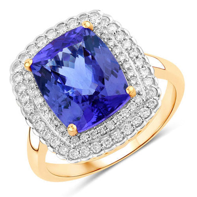 Bague en or jaune 14K avec tanzanite véritable de 4,84 carats et diamants blancs