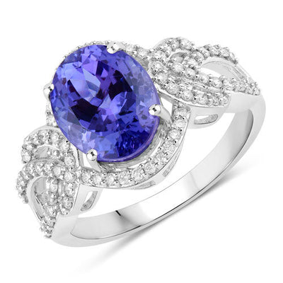 4.08 Carat Genuine Tanzanite and Diamond 14K White Gold Ring