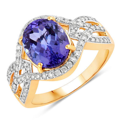 Bague en Tanzanite et Diamants Blancs de 3,56 Carats en Or Jaune 14K
