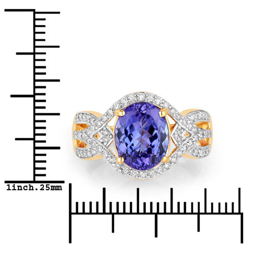 3.56 Carat Genuine Tanzanite and White Diamond Ring in 14K Yellow Gold