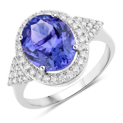 Bague en Or Blanc 14K avec Tanzanite et Diamants Blancs de 3,97 Carats