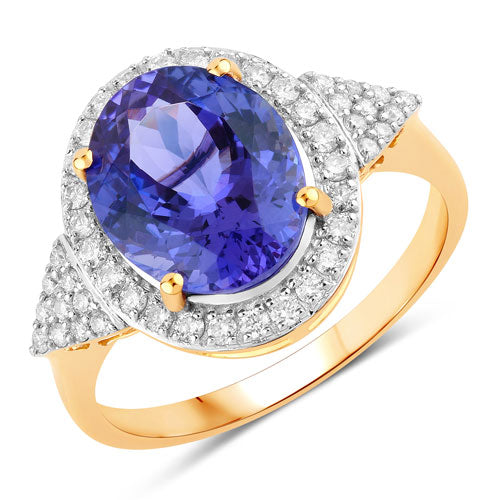 Anillo de 4.13 quilates de tanzanita genuina y diamantes en oro amarillo de 14 quilates