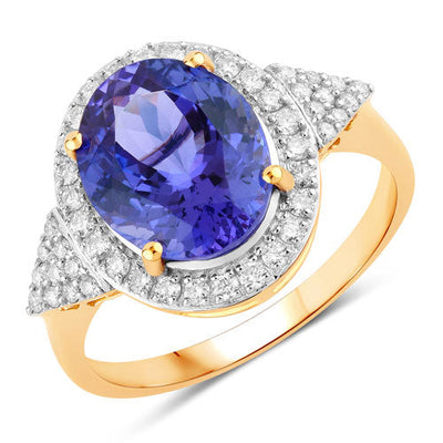 4.13 Carat Genuine Tanzanite and Diamond 14K Yellow Gold Ring