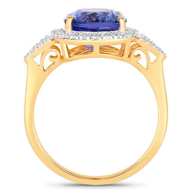 4.13 Carat Genuine Tanzanite and Diamond 14K Yellow Gold Ring