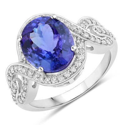 4.54 Carat Genuine Tanzanite and White Diamond Ring in 14K White Gold