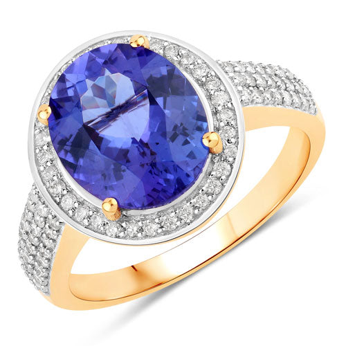 Bague en or jaune 14K avec tanzanite véritable de 4,02 carats et diamants blancs