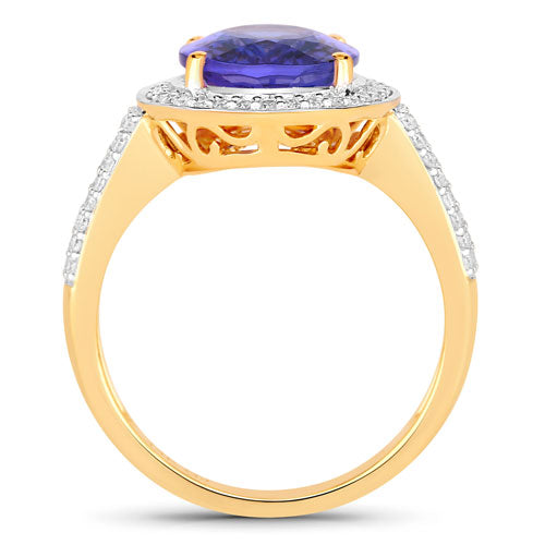 Bague en or jaune 14K avec tanzanite véritable de 4,02 carats et diamants blancs