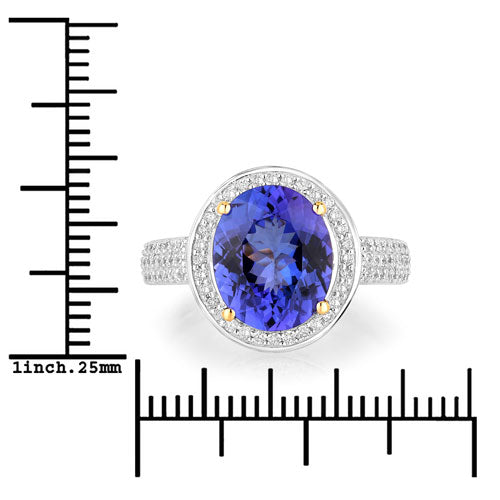 Bague en or jaune 14K avec tanzanite véritable de 4,02 carats et diamants blancs
