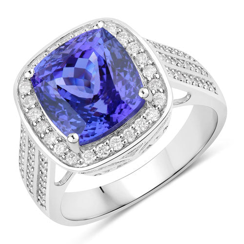 Bague en or blanc 14K avec tanzanite véritable de 5,59 carats et diamants blancs