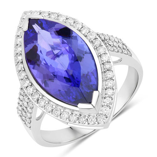 Anillo de 5.57 quilates de tanzanita genuina y diamante blanco en oro blanco de 14 quilates