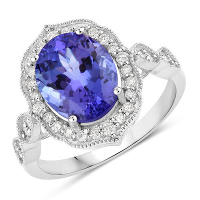 Bague en Or Blanc 14K avec Tanzanite et Diamants de 3,85 Carats