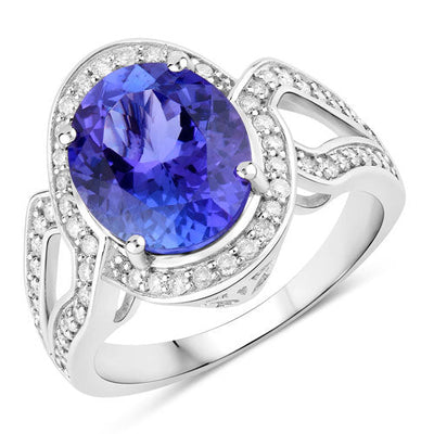 4.19 Carat Genuine Tanzanite and White Diamond Ring in 14K White Gold