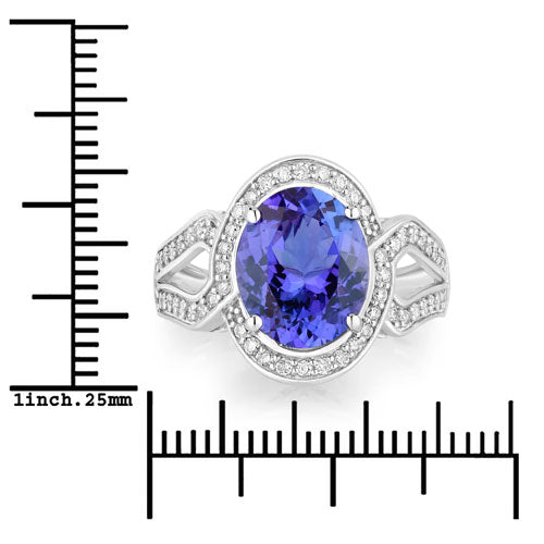 4.19 Carat Genuine Tanzanite and White Diamond Ring in 14K White Gold