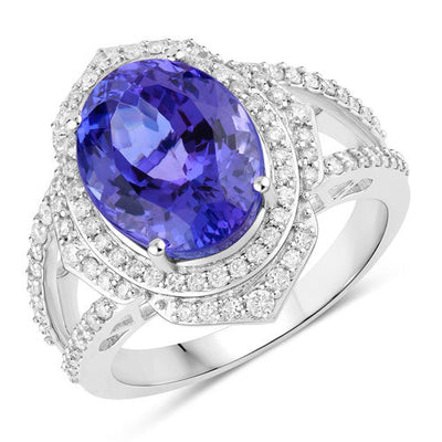 Bague en Or Blanc 14K avec Tanzanite et Diamants Blancs de 6,56 Carats