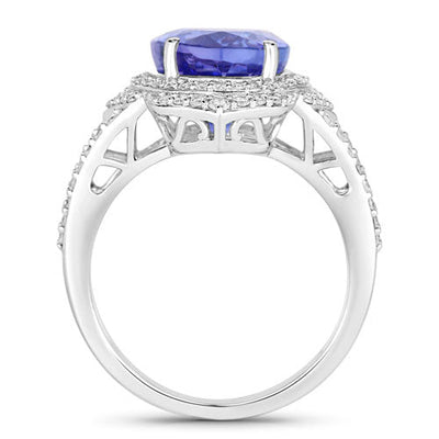 Bague en Or Blanc 14K avec Tanzanite et Diamants Blancs de 6,56 Carats
