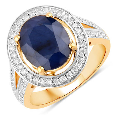 4.74 Carat Blue Sapphire & Diamond 14K Yellow Gold Engagement Ring