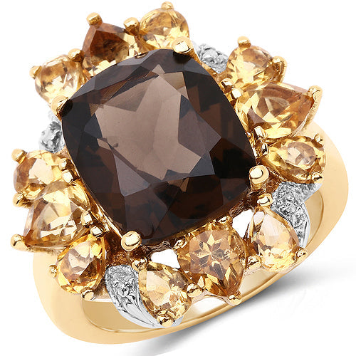 14K Yellow Gold Plated Smoky Quartz & Citrine Cocktail Ring