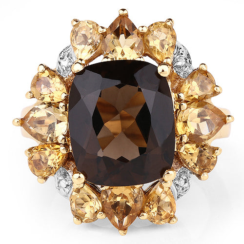 14K Yellow Gold Plated Smoky Quartz & Citrine Cocktail Ring