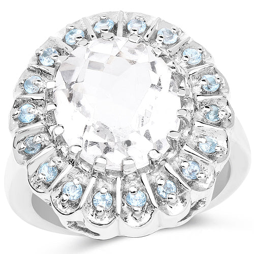 Anillo de Plata Esterlina con Cuarzo Cristal de 5.90 Quilates y Topacio Azul Suizo