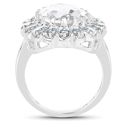 Anillo de Plata Esterlina con Cuarzo Cristal de 5.90 Quilates y Topacio Azul Suizo