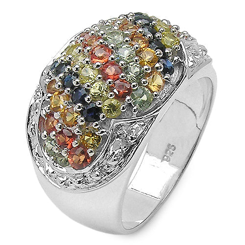 Bague en cluster de saphirs multicolores de 2,75 carats en argent sterling